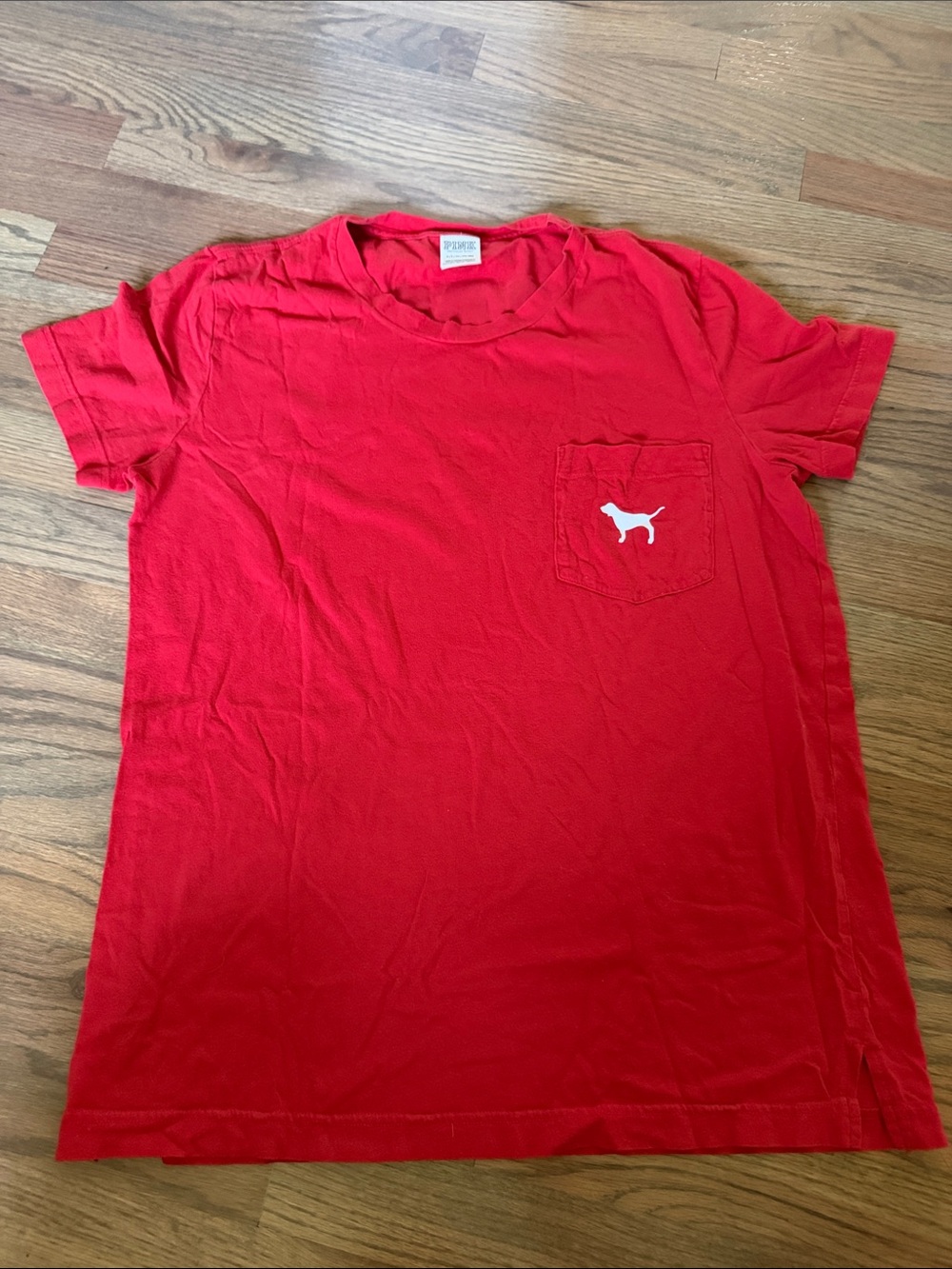 PINK Victoria's Secret Red Short-Sleeve Pocket Tee with White Dog Logo